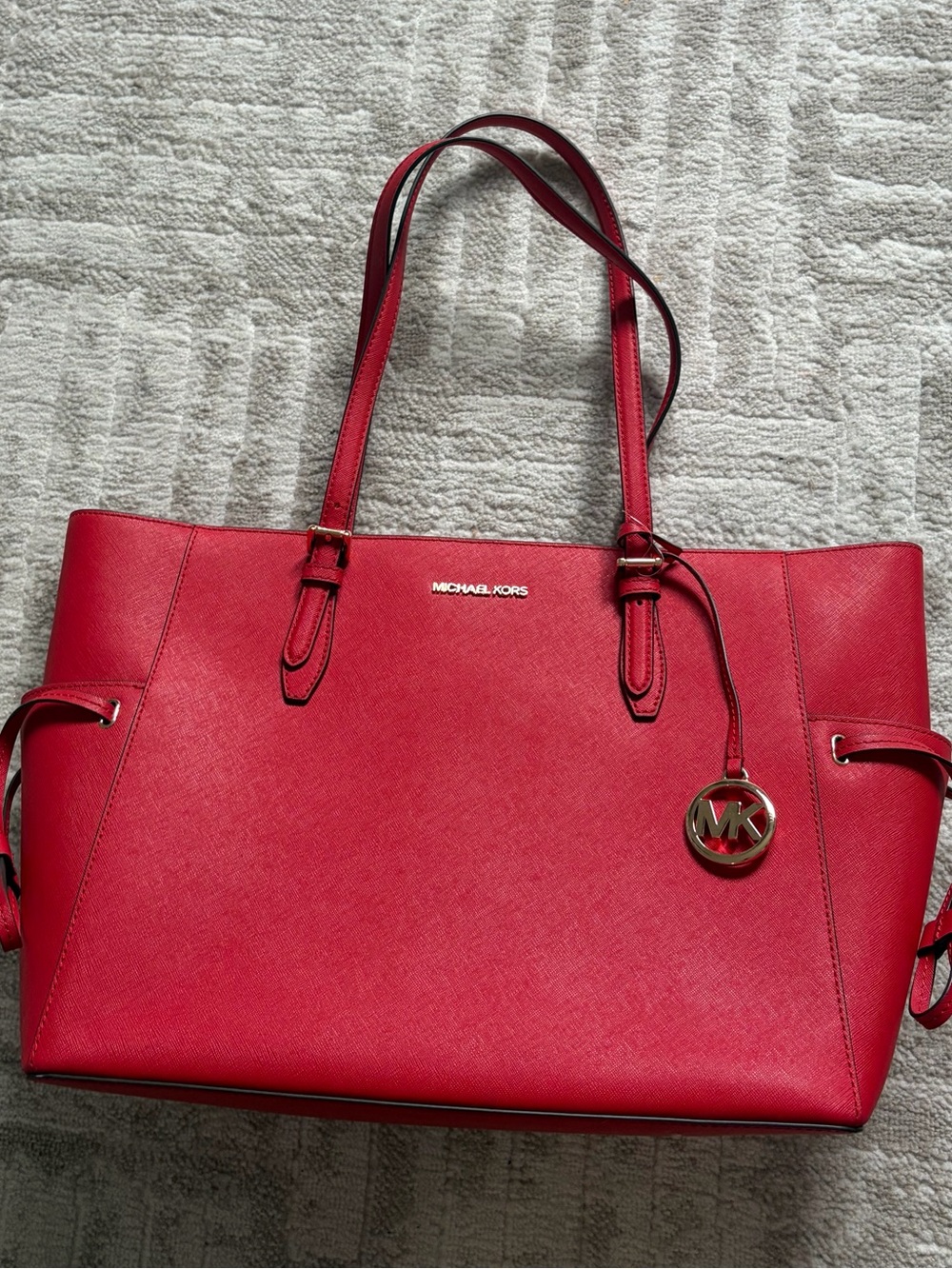 Michael Kors Bright Red Saffiano Leather Tote with Logo Charm